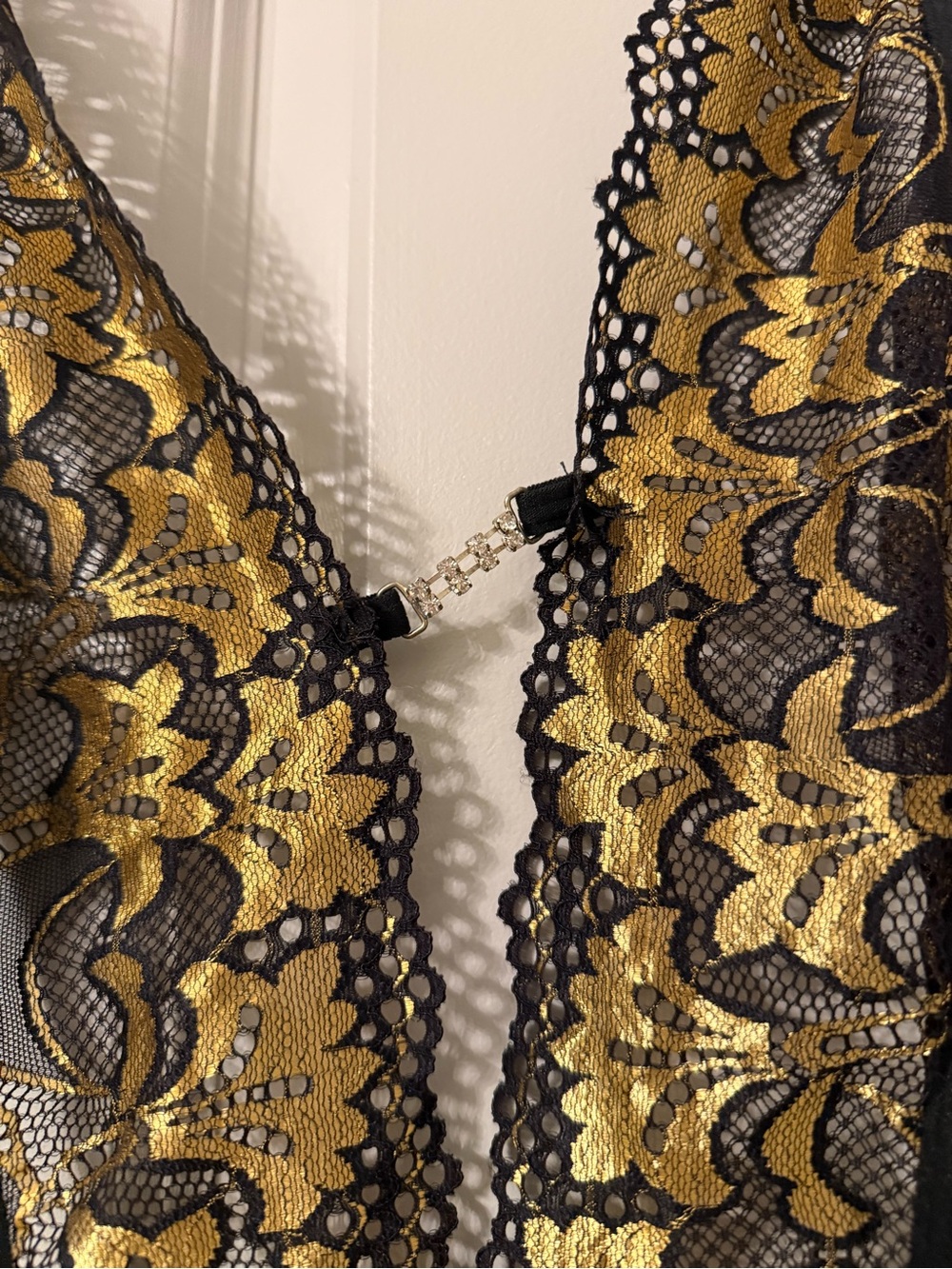 Avidlove Black Gold Lace Teddy Bodysuit Rhinestone Lingerie - Picture 2 of 5